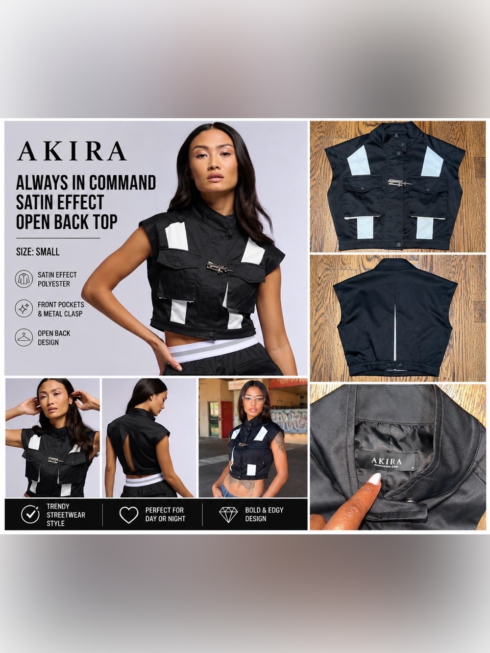 AKIRA Black Satin Crop Utility Vest with White Panels and Open Back Size Small